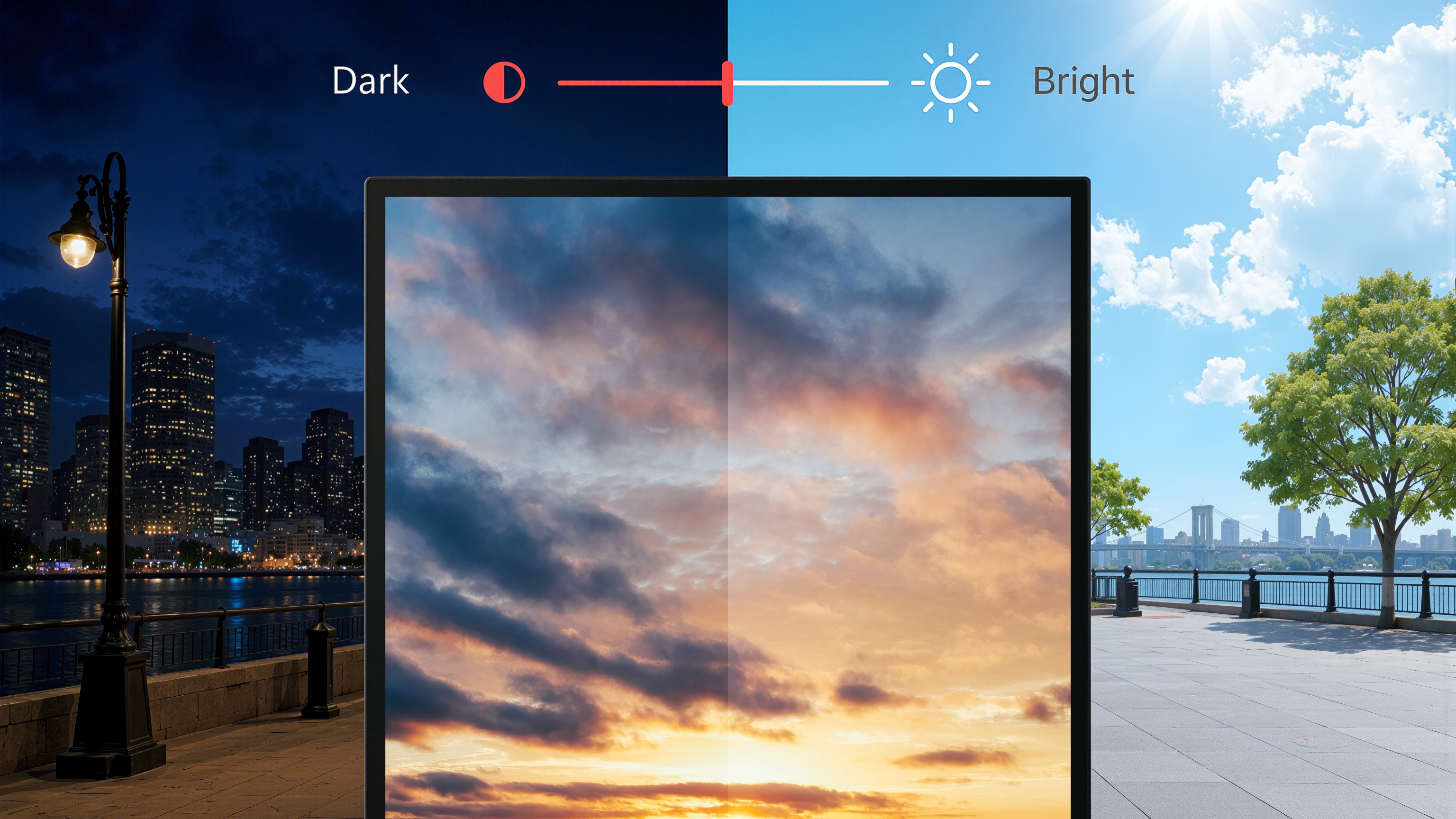 Display adapting brightness between dark and bright environments