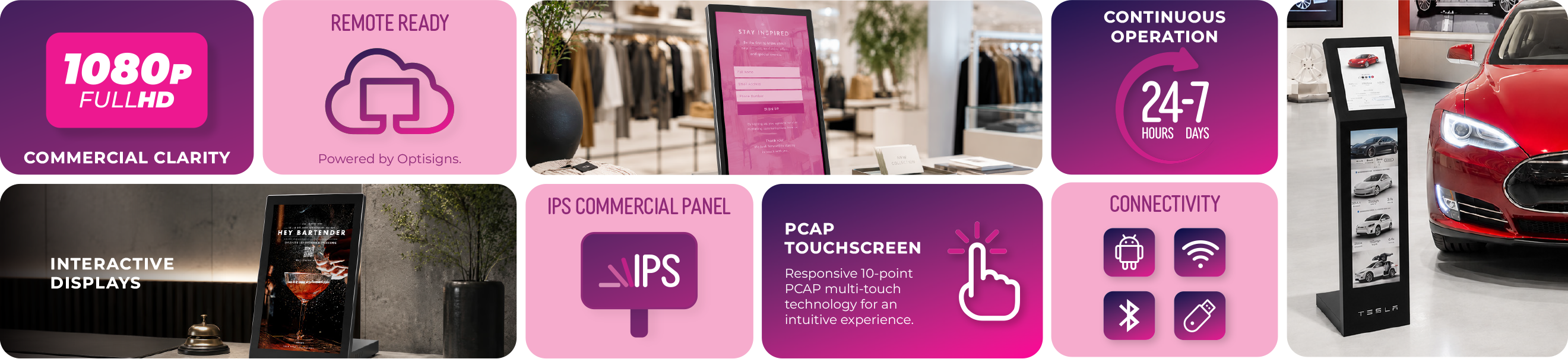 Interactive kiosk display feature tiles